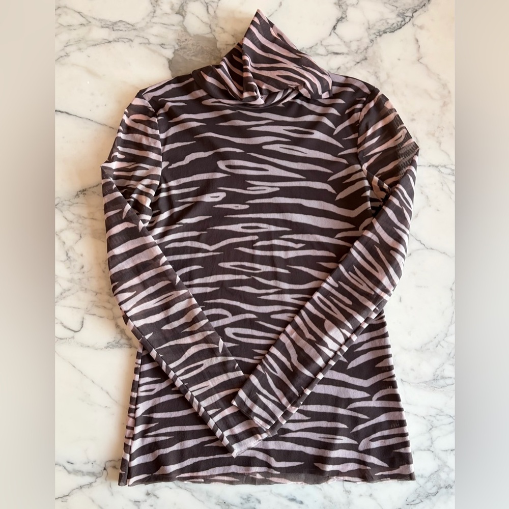 EUC GANNI Tilden Mesh Turtleneck Top Rare Zebra Print EU40 (US8/10) Brown/Cream - Picture 7 of 14